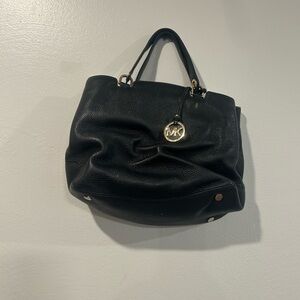 Michael Kors Black Leather Satchel with Gold MK Charm